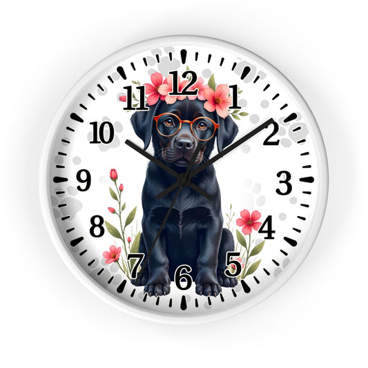 Black Labrador with Glasses and Floral Crown Wall Clock | Cute Dog Clock