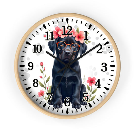 Black Labrador with Glasses and Floral Crown Wall Clock | Cute Dog Clock