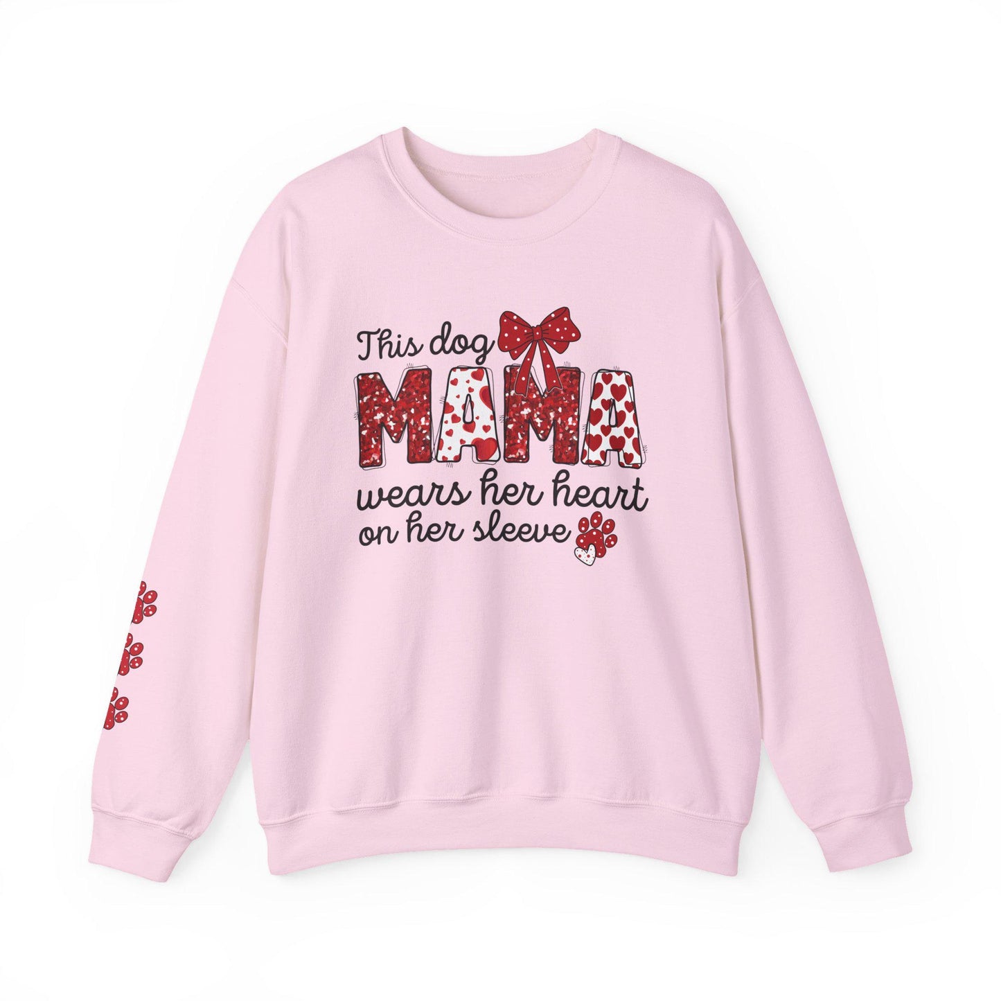 Dog Mama Crewneck Sweatshirt: Heart Sleeve, Paw Print, Gildan 18000