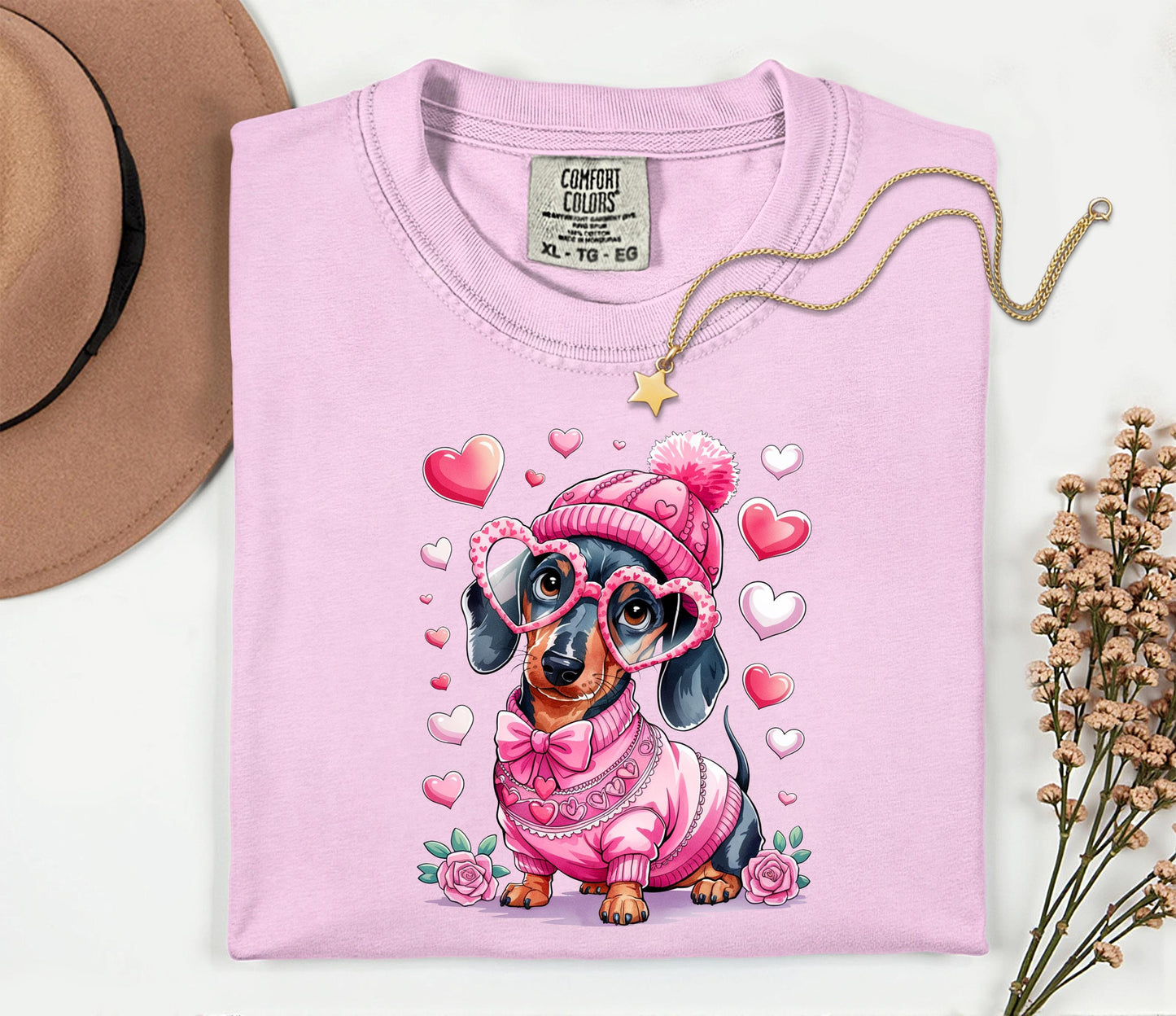 Dachshund Tee Pink Sweater: Valentine Hearts Unisex Graphic Shirt