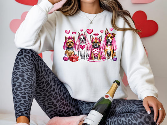 Valentine Dogs Sweatshirt Cotton Crewneck: Heart Print Pullover, Soft Pink S-XXL Dog Mom Gift