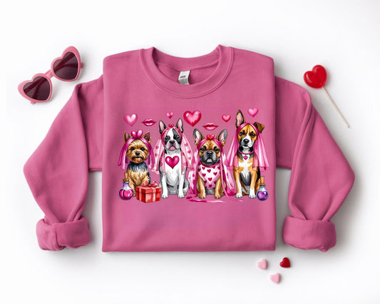 Valentine Dogs Sweatshirt Cotton Crewneck: Heart Print Pullover, Soft Pink S-XXL Dog Mom Gift
