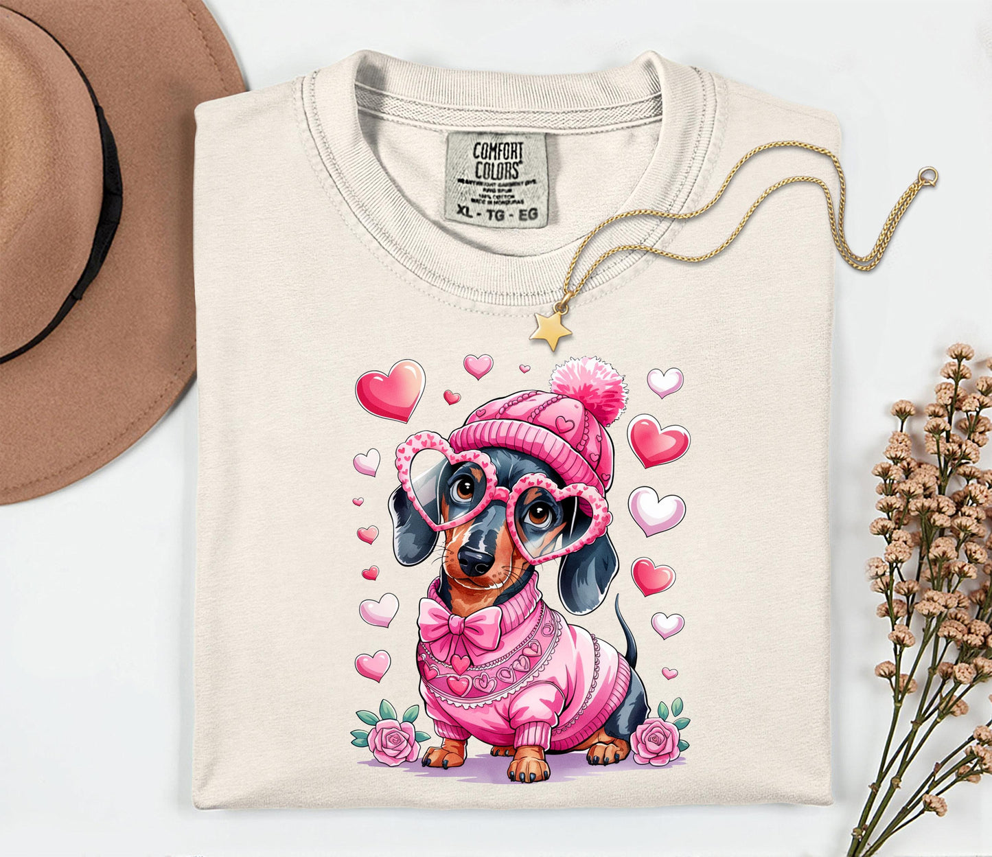 Dachshund Tee Pink Sweater: Valentine Hearts Unisex Graphic Shirt
