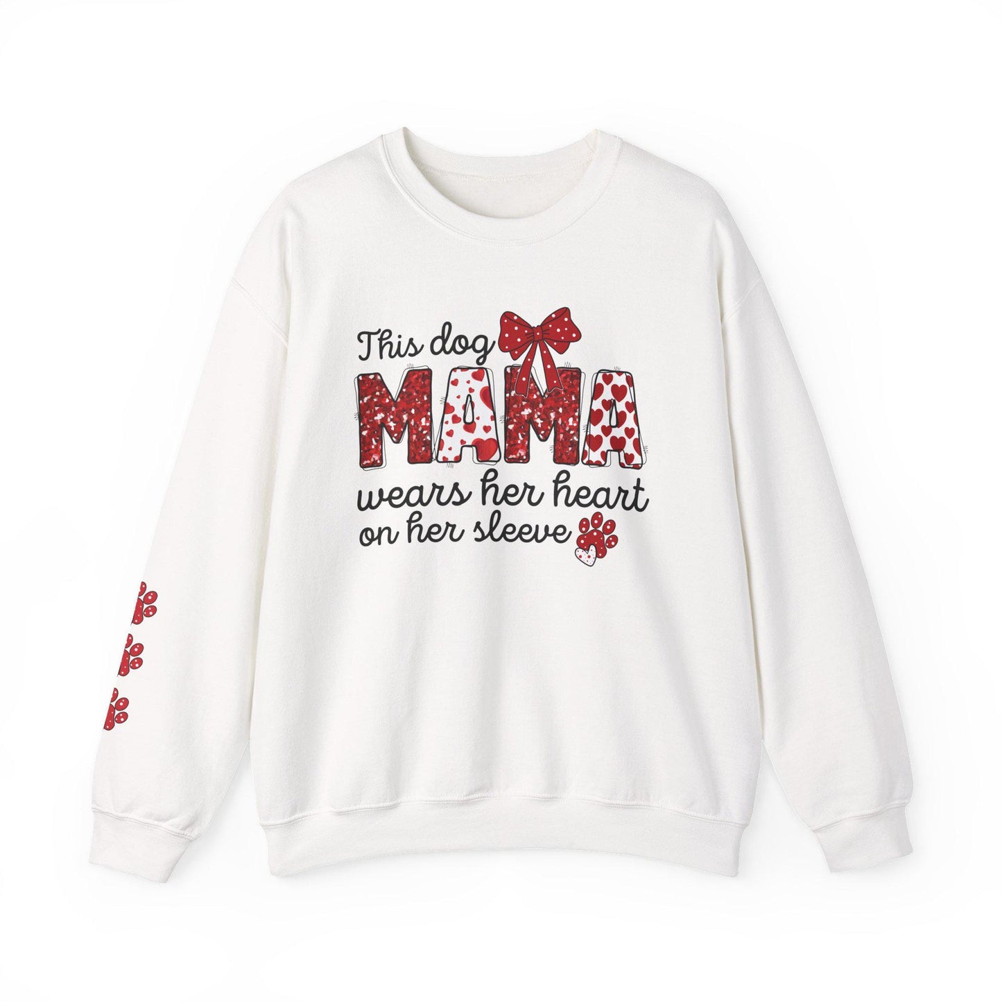 Dog Mama Crewneck Sweatshirt: Heart Sleeve, Paw Print, Gildan 18000