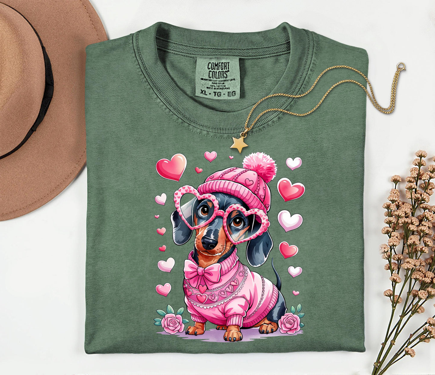 Dachshund Tee Pink Sweater: Valentine Hearts Unisex Graphic Shirt