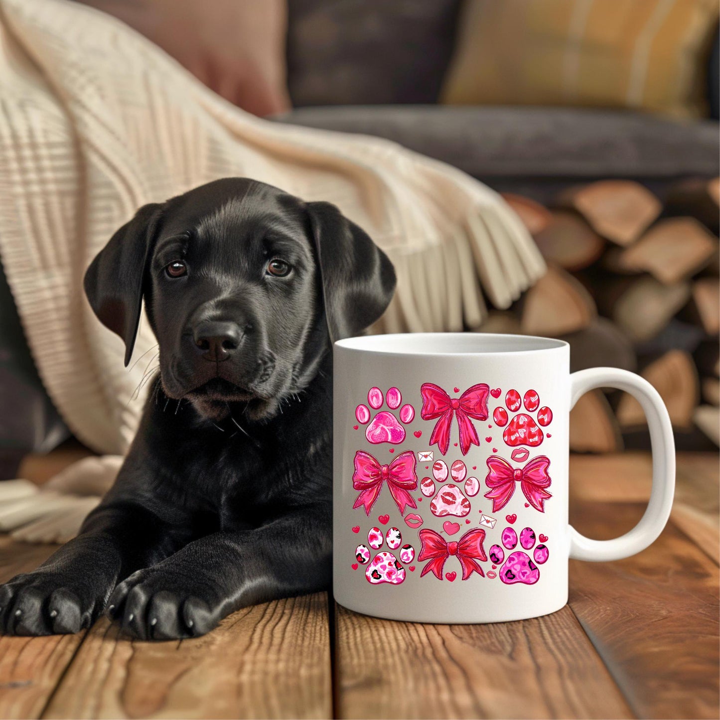 Ceramic Mug with Pink Paw Print and Bow: 11 oz or 15 oz