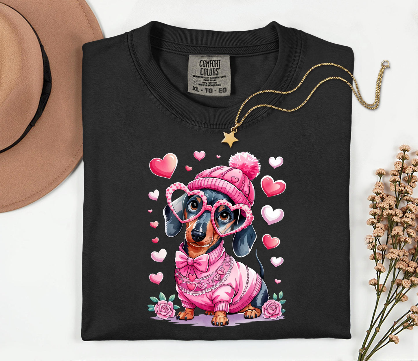 Dachshund Tee Pink Sweater: Valentine Hearts Unisex Graphic Shirt