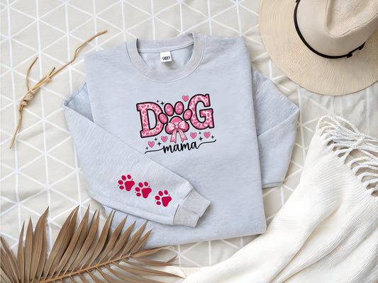 Dog Mama Pink Paw Print Sweatshirt: Gildan 18000, Sleeve Print, Cotton Blend