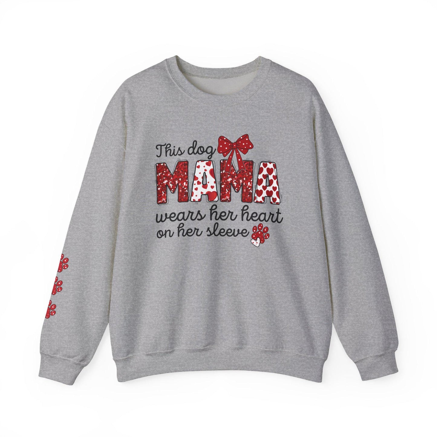 Dog Mama Crewneck Sweatshirt: Heart Sleeve, Paw Print, Gildan 18000