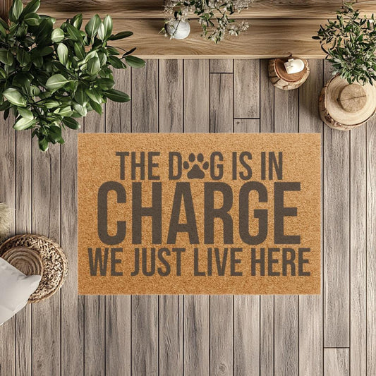 The Dog Is In Charge We Just Live Here Doormat | Paw Print Welcome Mat; Gift for Dog Owner