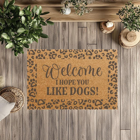 Welcome I Hope You Like Dogs Doormat | Pawprint Border; Pawprint doormat