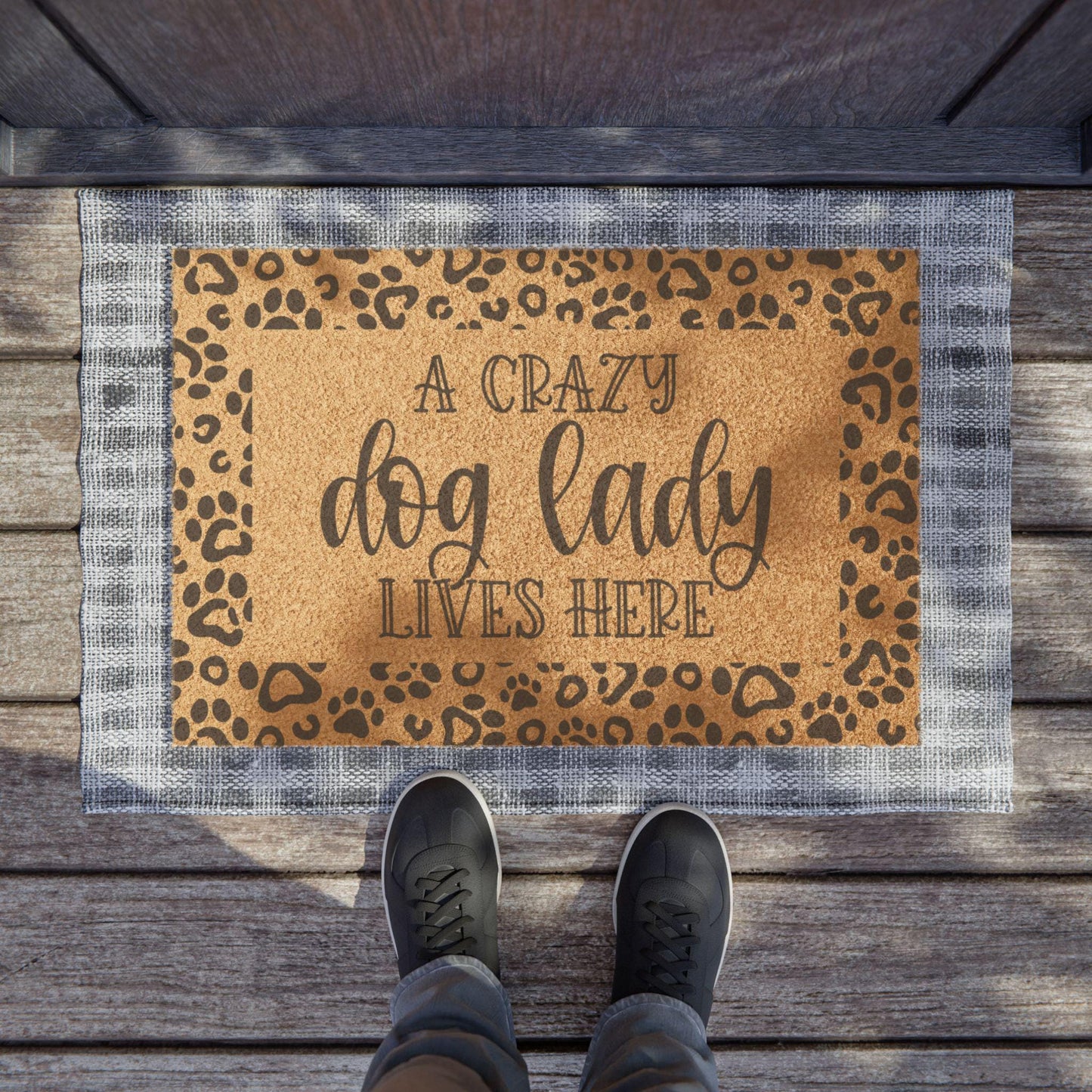 A Crazy Dog Lady Lives Here Doormat |  Paw Print Best Dog Mom Mat
