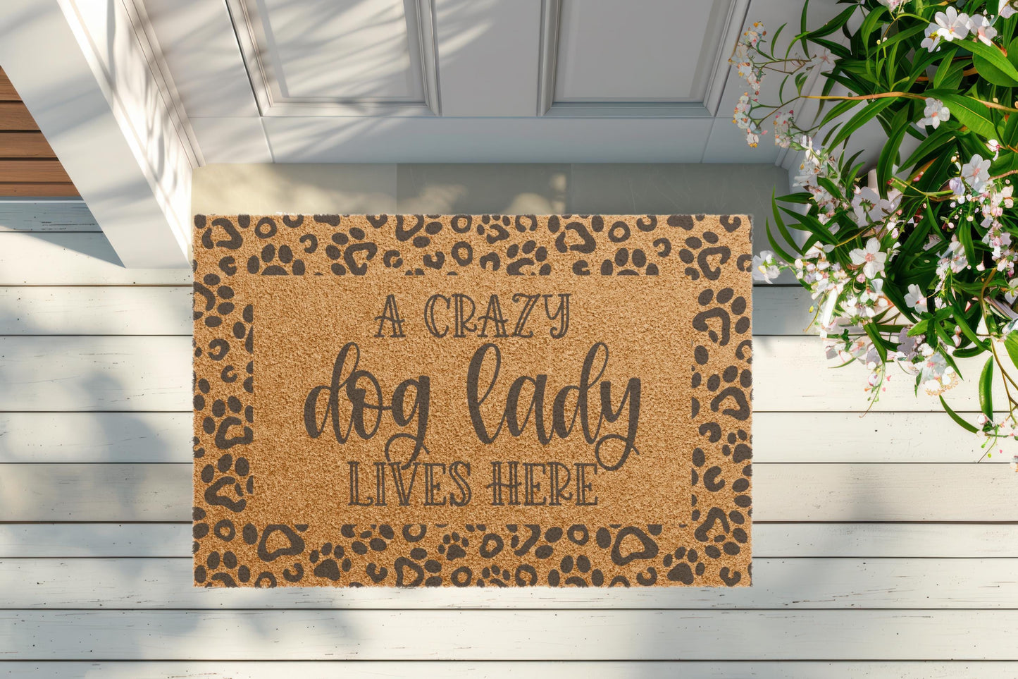 A Crazy Dog Lady Lives Here Doormat |  Paw Print Best Dog Mom Mat