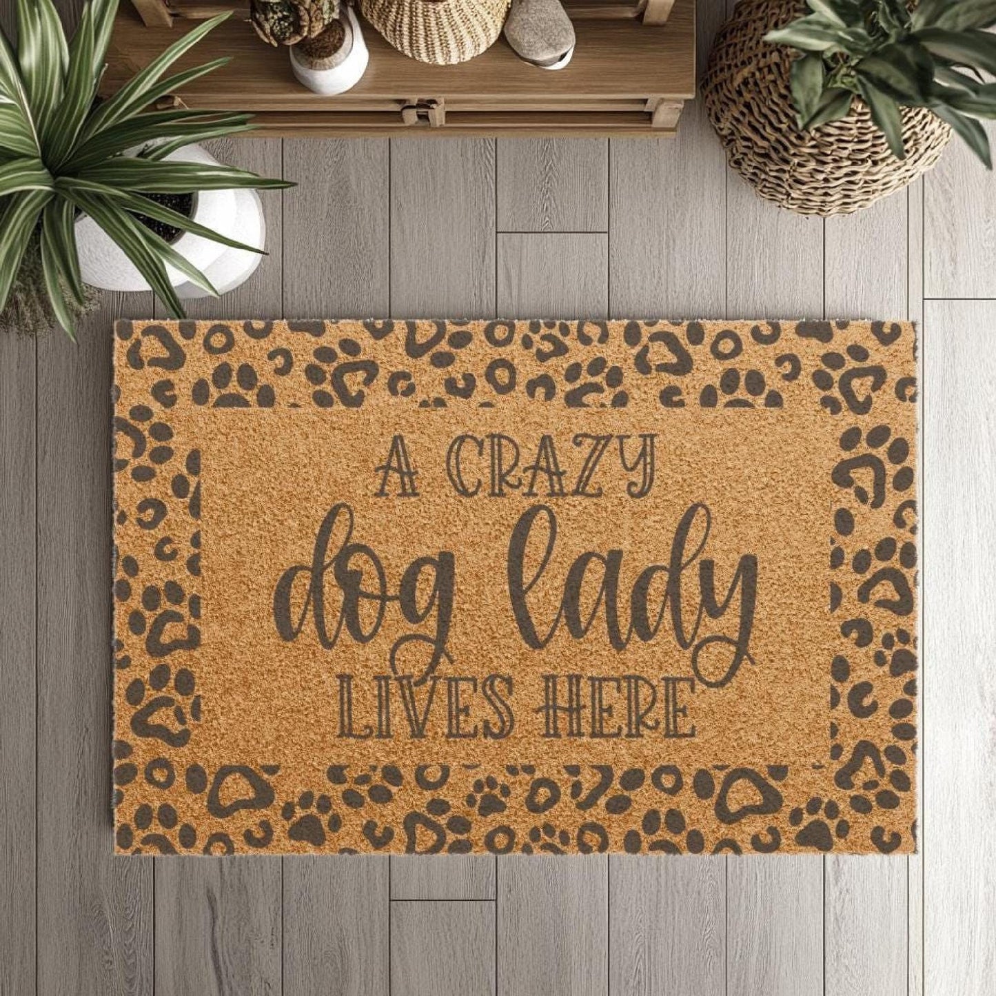 A Crazy Dog Lady Lives Here Doormat |  Paw Print Best Dog Mom Mat