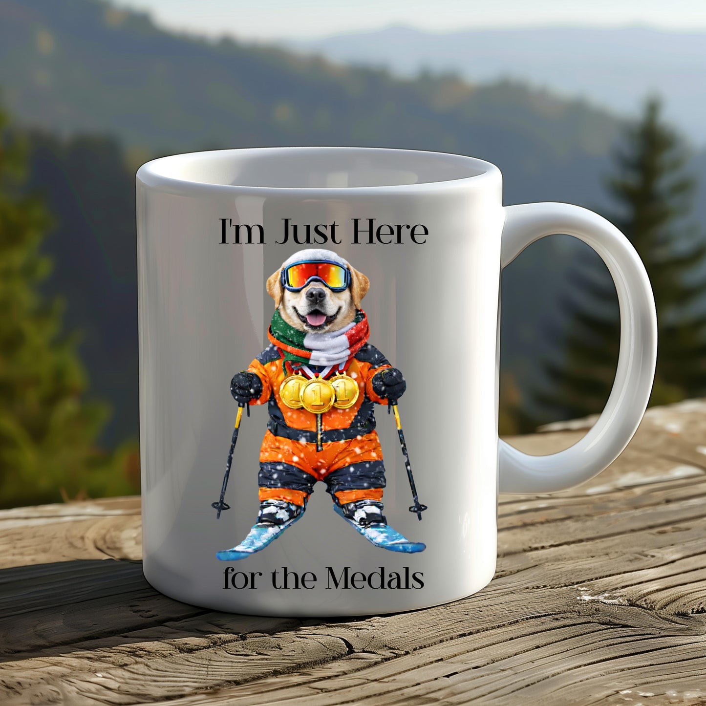 I'm Just Here for the Medals Skiing Yellow Labrador Mug; Apres ski gift