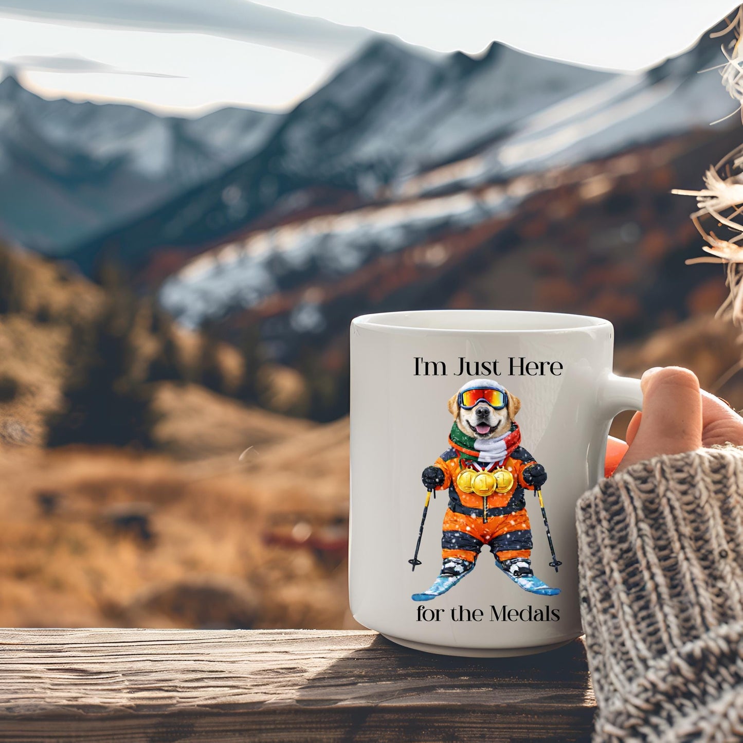 I'm Just Here for the Medals Skiing Yellow Labrador Mug; Apres ski gift