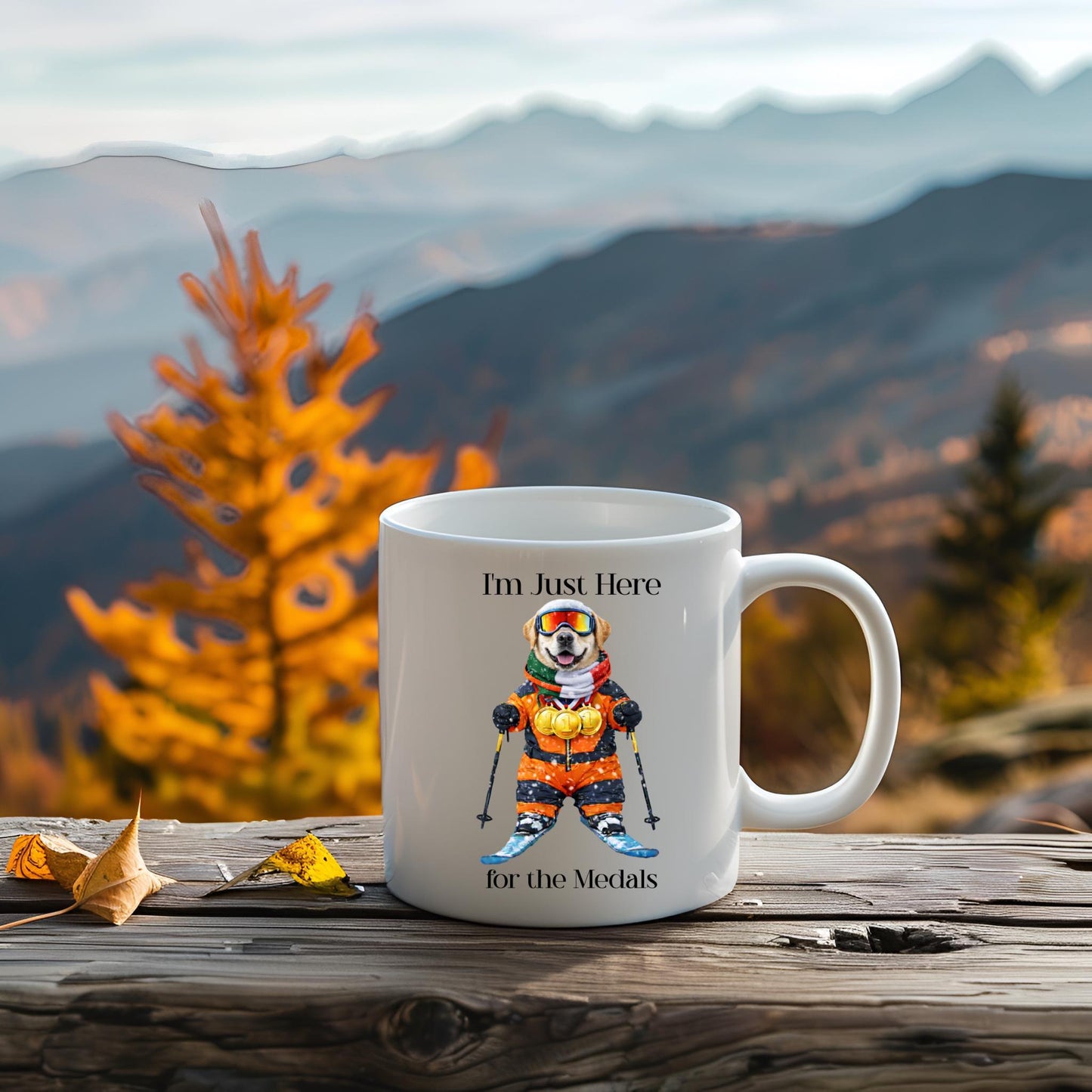 I'm Just Here for the Medals Skiing Yellow Labrador Mug; Apres ski gift