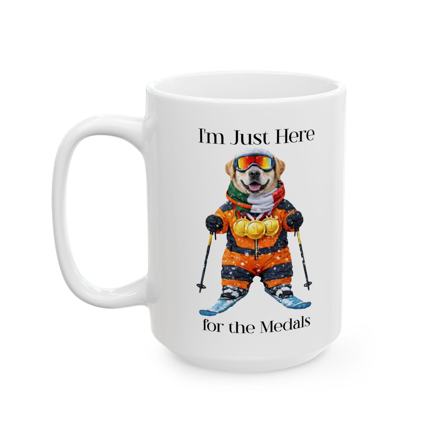 I'm Just Here for the Medals Skiing Yellow Labrador Mug; Apres ski gift
