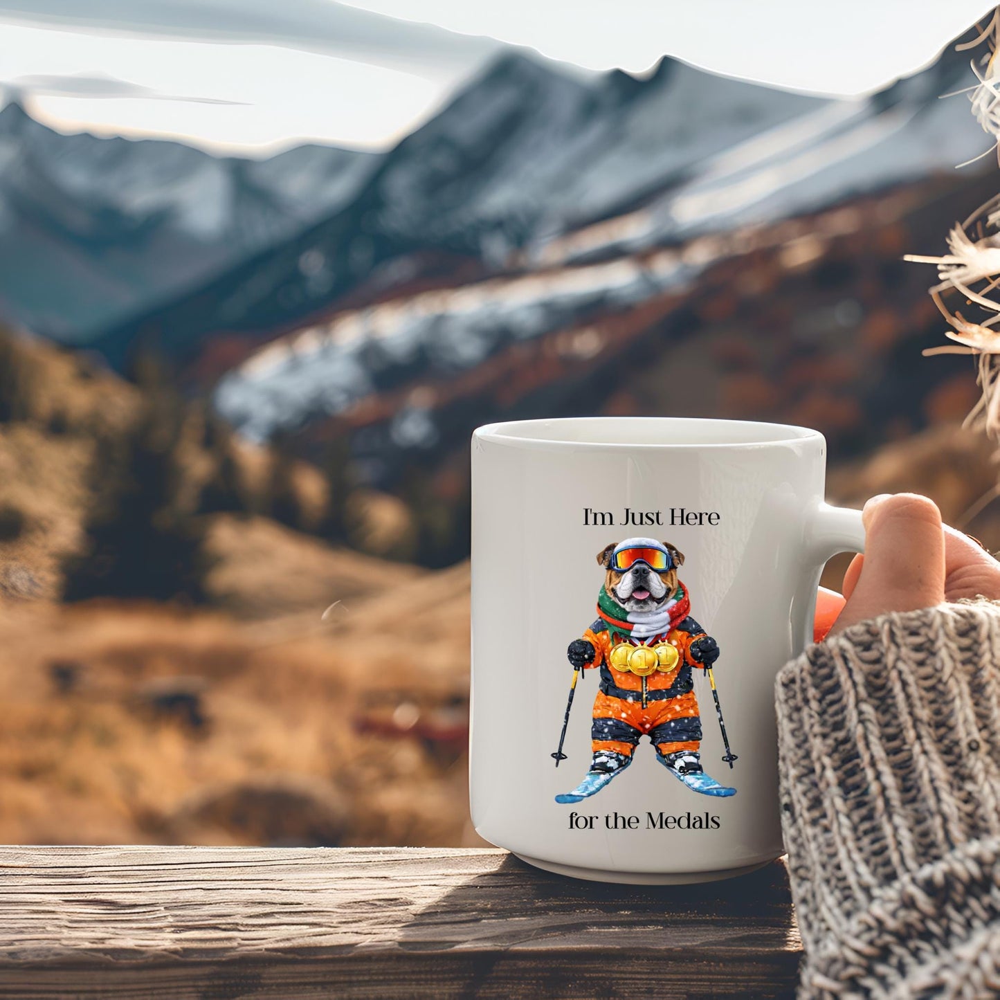 I'm Just Here for the Medals Skiing Bulldog Mug | Apres Ski Gift