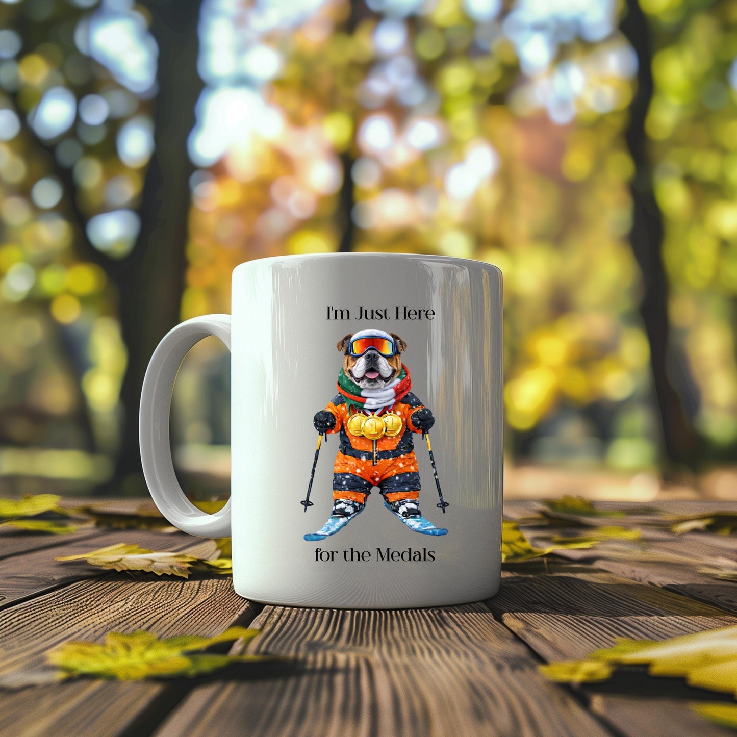 I'm Just Here for the Medals Skiing Bulldog Mug | Apres Ski Gift