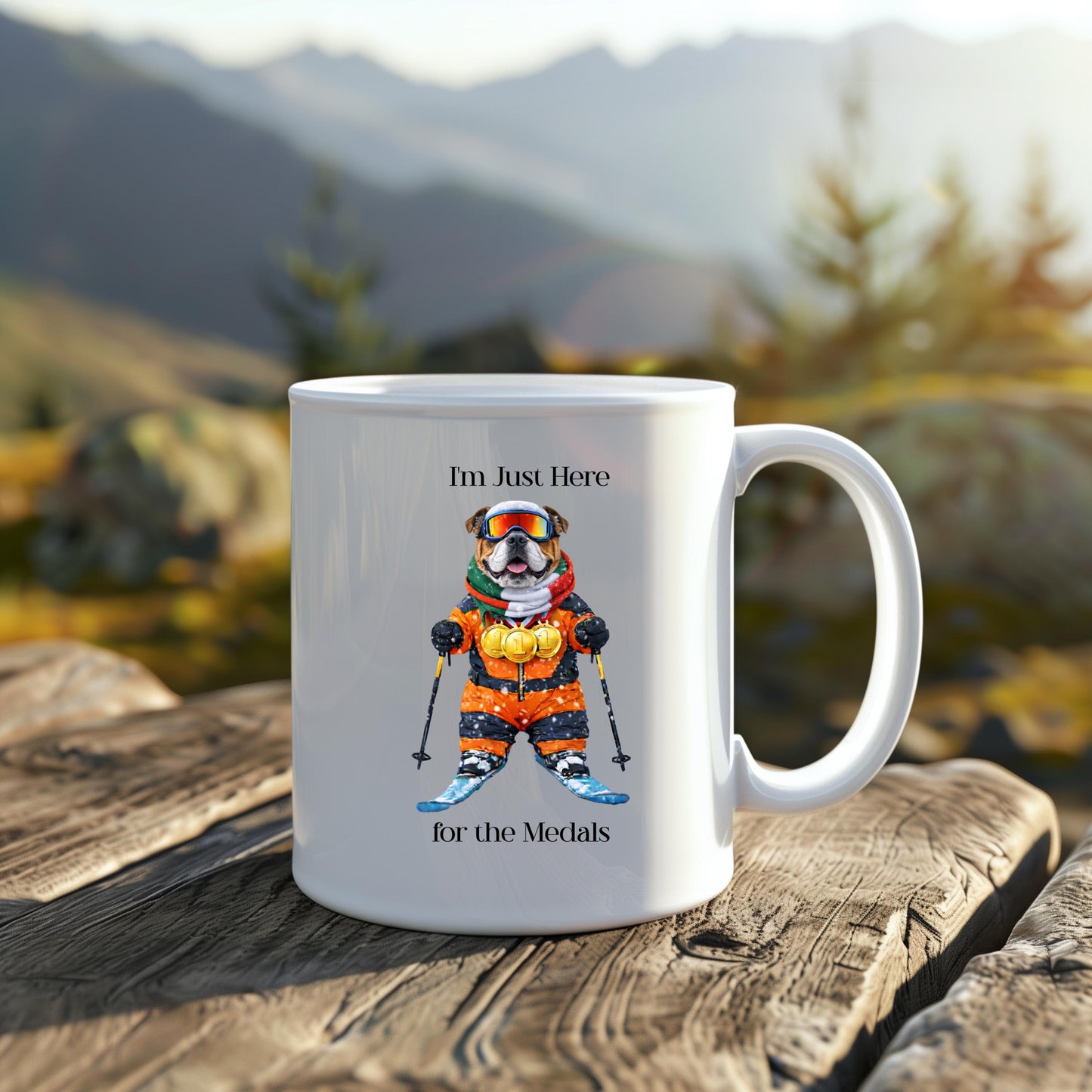 I'm Just Here for the Medals Skiing Bulldog Mug | Apres Ski Gift