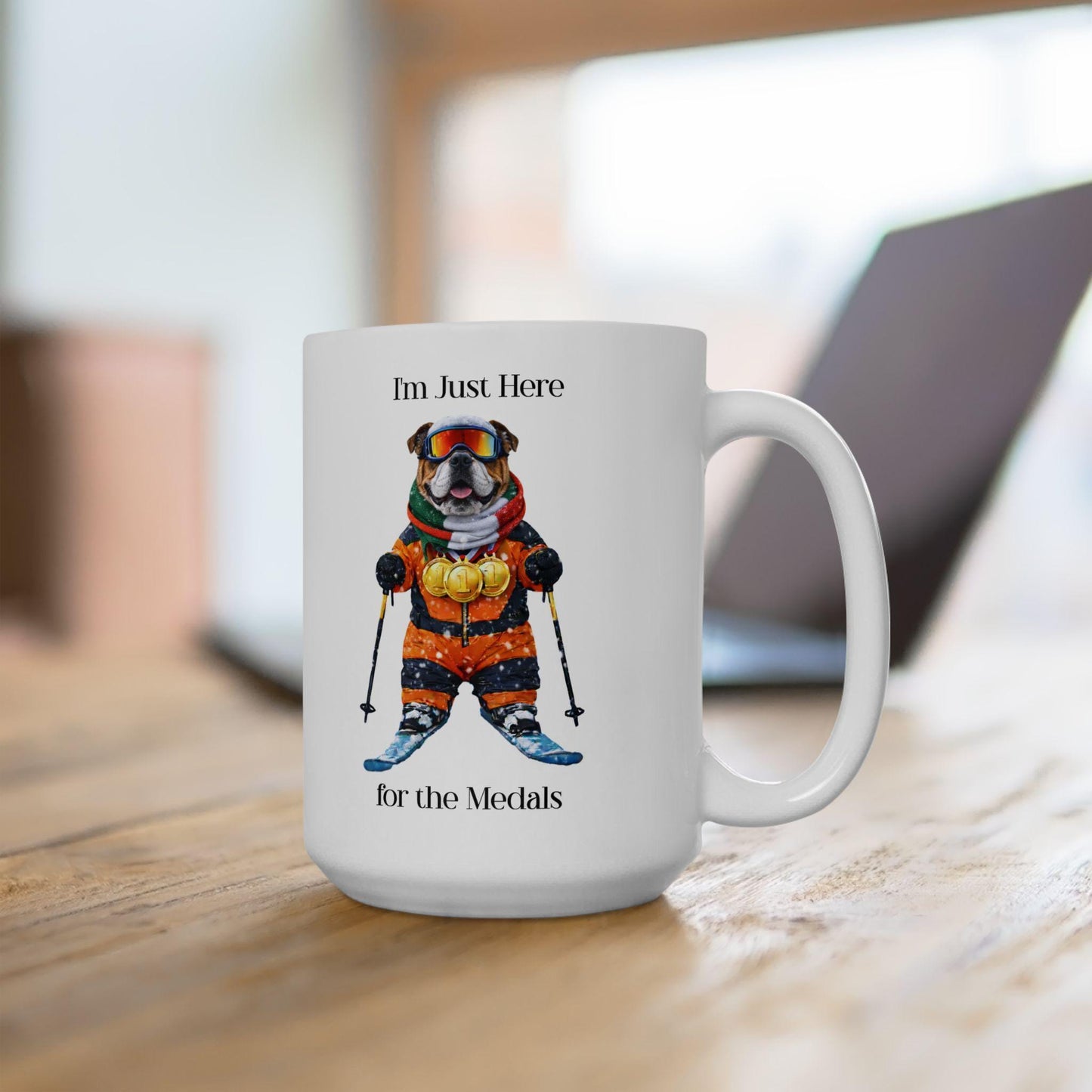 I'm Just Here for the Medals Skiing Bulldog Mug | Apres Ski Gift