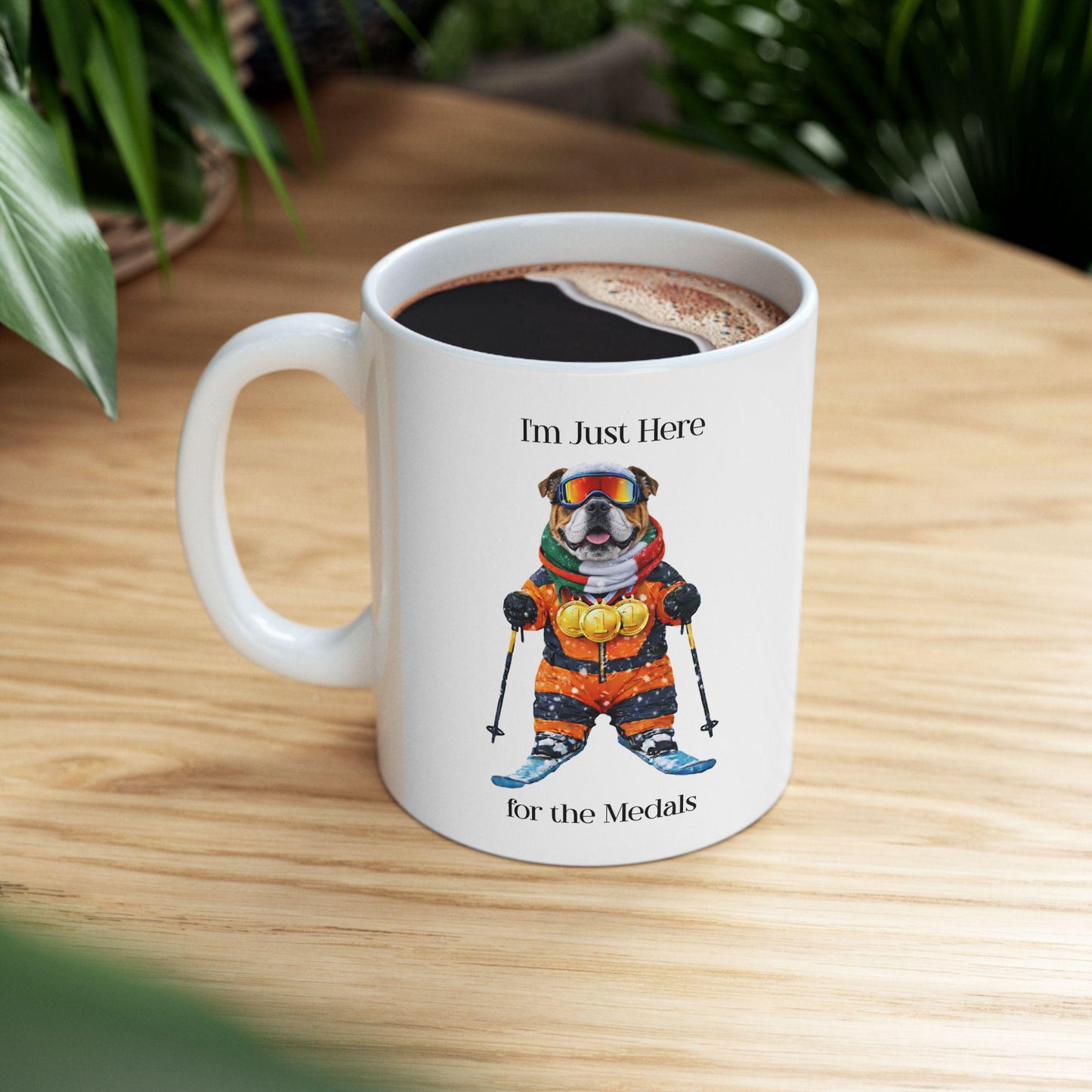 I'm Just Here for the Medals Skiing Bulldog Mug | Apres Ski Gift