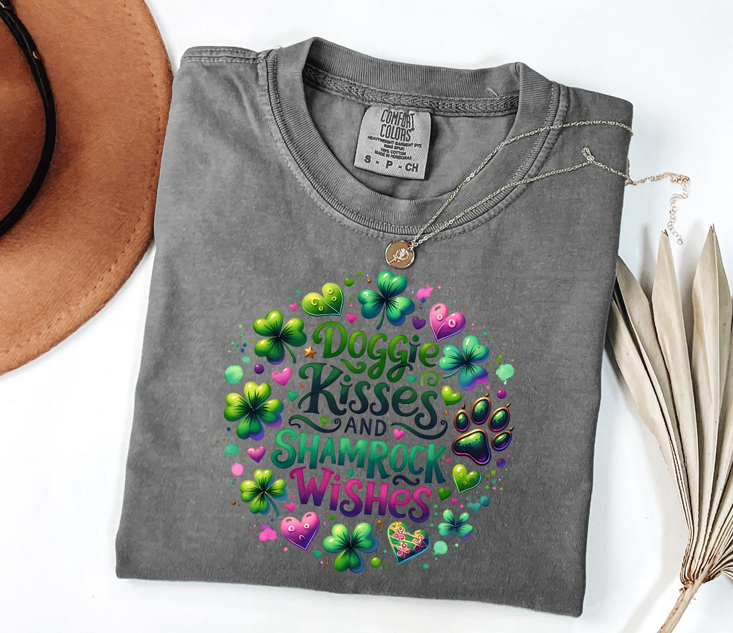 Doggie Kisses and Shamrock Wishes T-shirt | St. Patrick's Day Paw Print Design; Hearts and Paws Tee