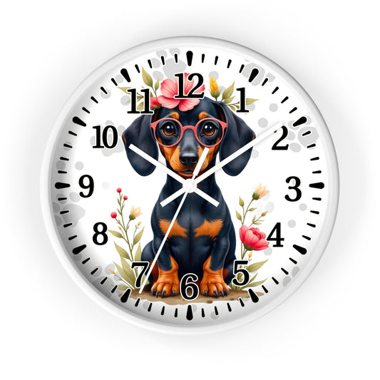 Dachshund with Glasses Wall Clock | Cute Dog Floral Illustration; Gift for pet owner