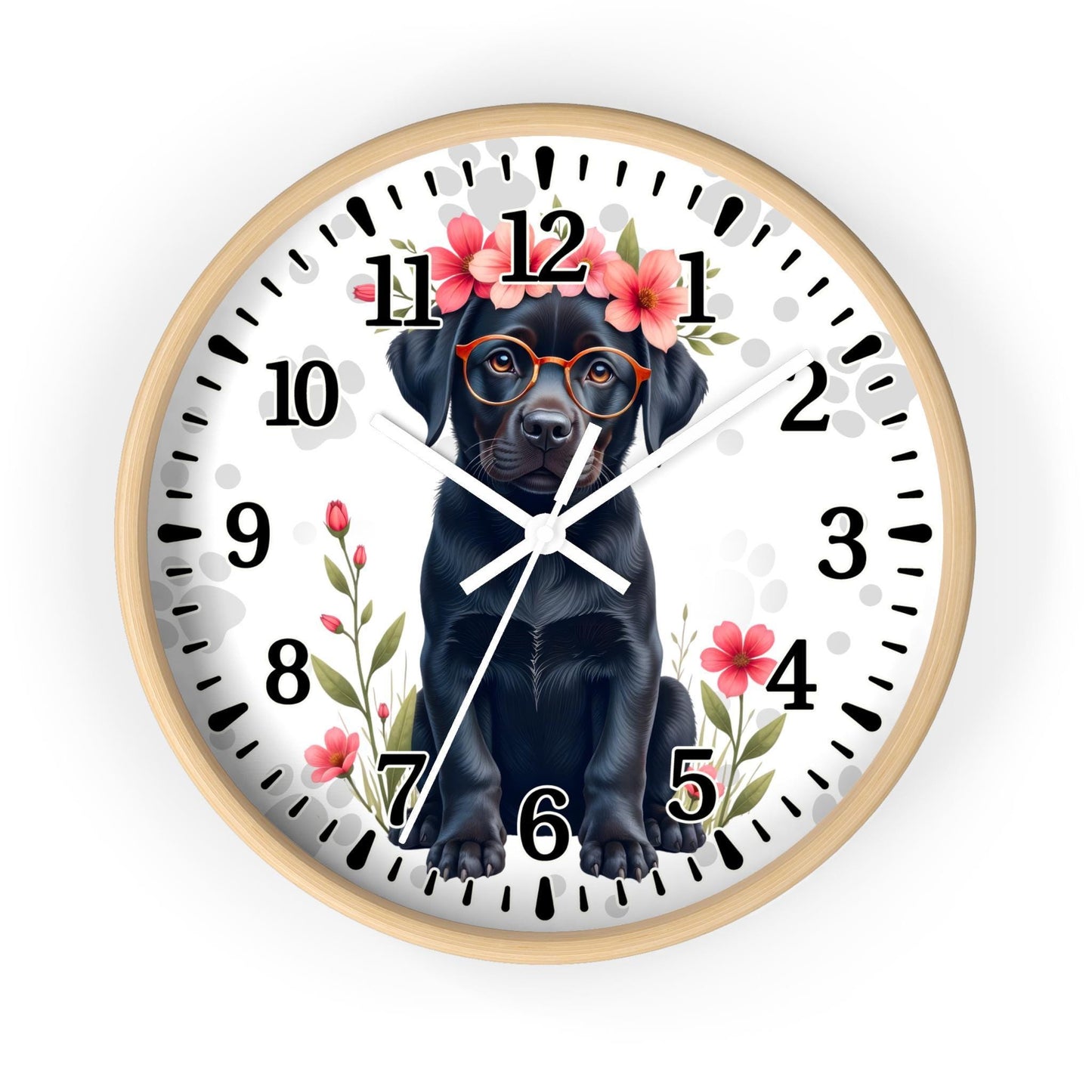 Black Labrador with Glasses and Floral Crown Wall Clock | Cute Dog Clock