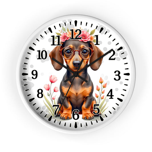 Dachshund Puppy with Glasses and Floral Crown Wall Clock | Cute Dog Clock; Dog lover gift