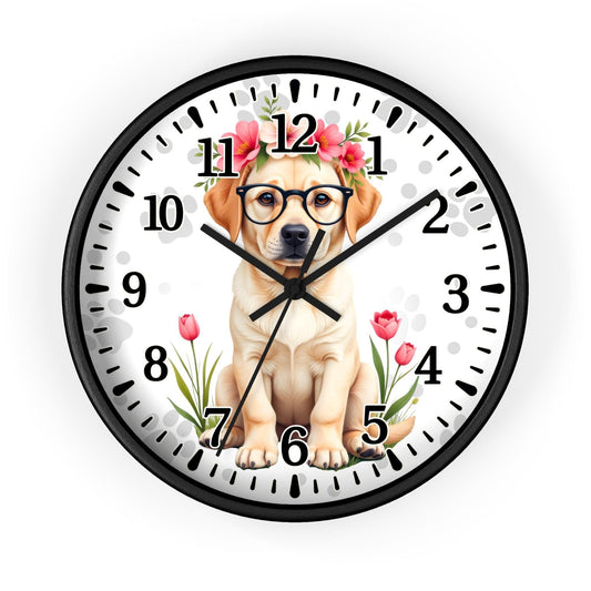 Cute Labrador with Glasses Floral Crown Wall Clock | Puppy Decor; Dog Owner gift