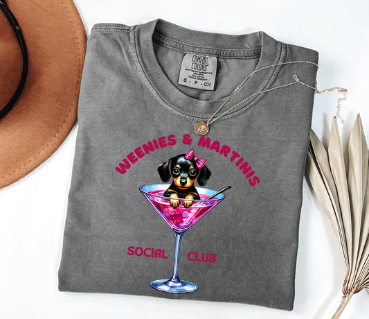 Weenies & Martinis Social Club T-Shirt | Dachshund in Martini Glass Tee; Vintage Style Tee