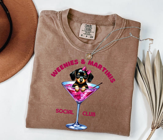 Weenies & Martinis Social Club T-Shirt | Dachshund in Martini Glass Tee; Vintage Style Tee
