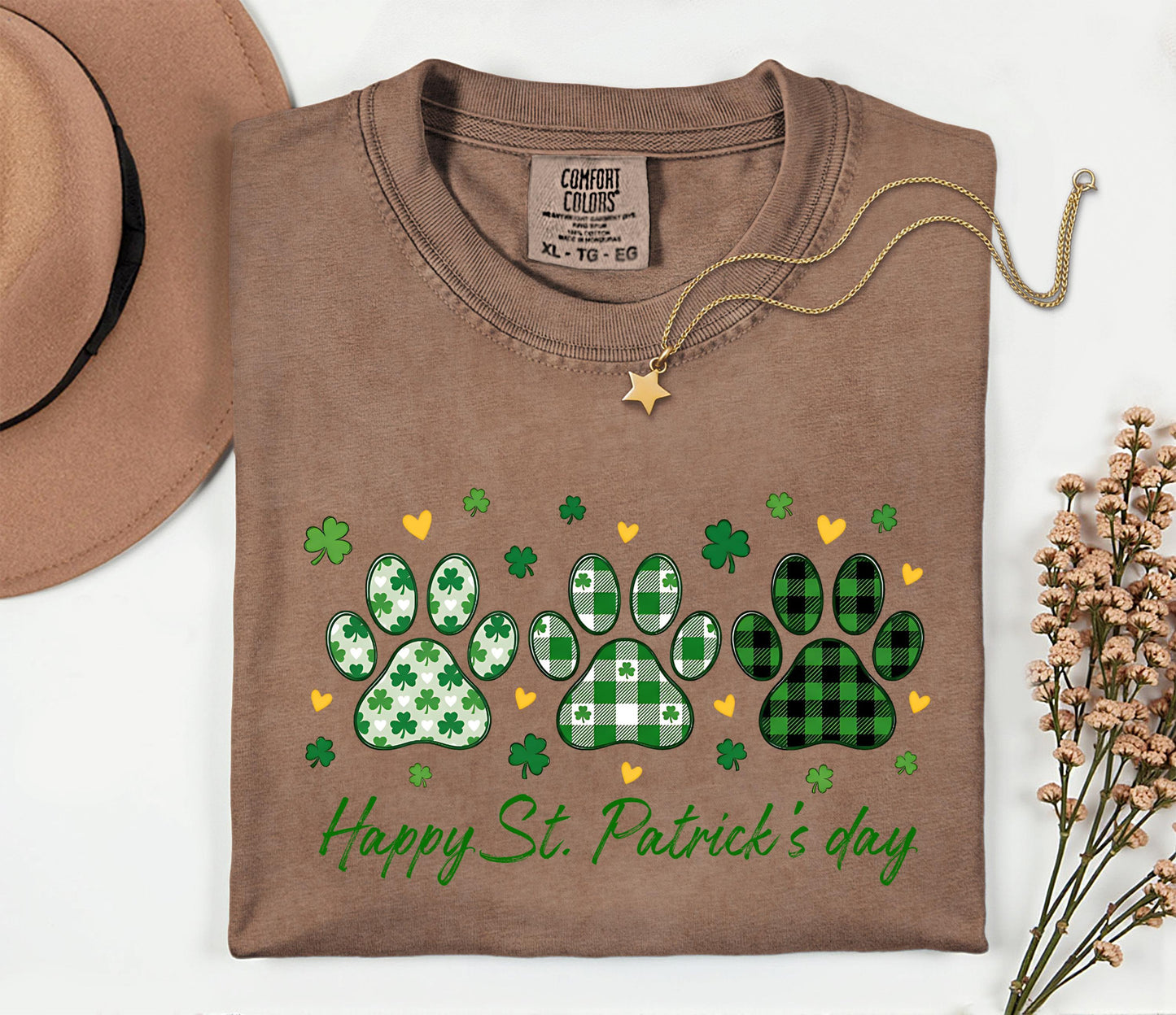 Dog Paw Prints St. Patrick's Day T-shirt | Shamrock Paw Print St Patrick Tee; Lucky Paw Print