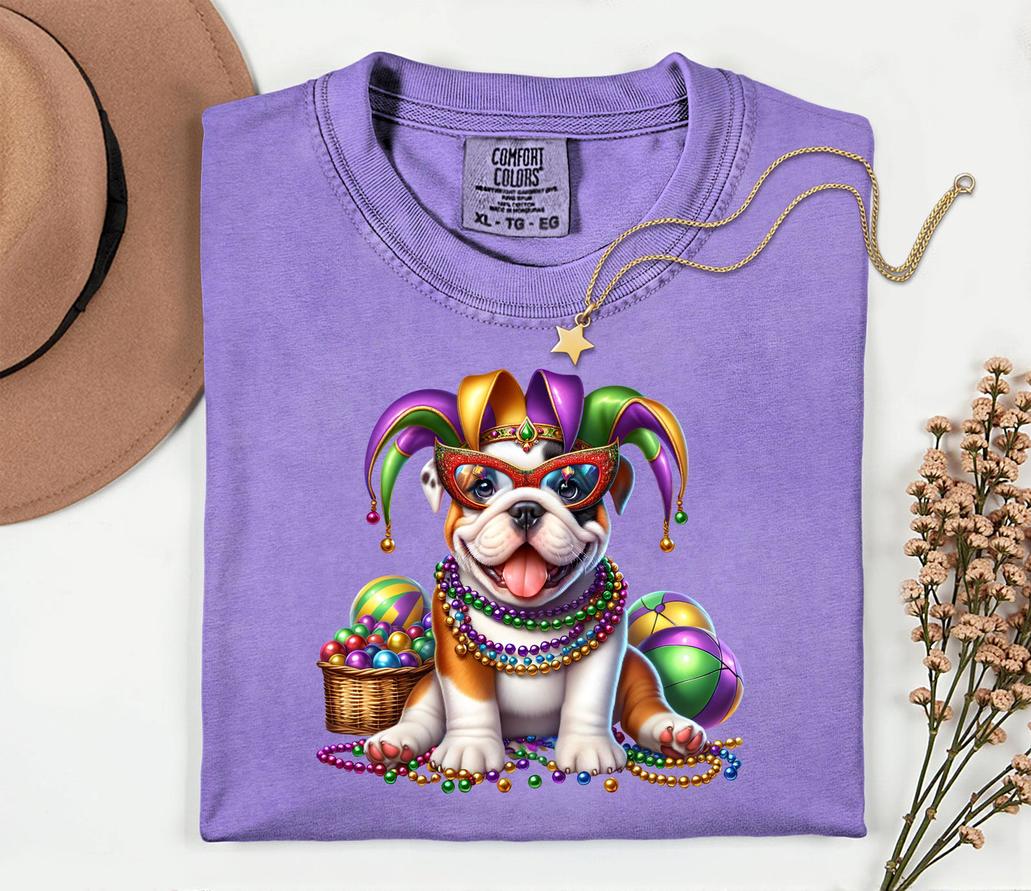 Mardi Gras Bulldog Puppy T-Shirt | Jester Hat Beads Carnival Tee; Dog Lover Tee