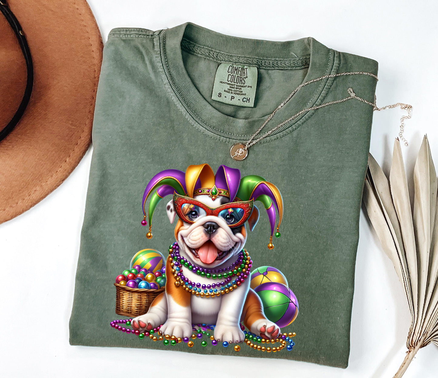 Mardi Gras Bulldog Puppy T-Shirt | Jester Hat Beads Carnival Tee; Dog Lover Tee