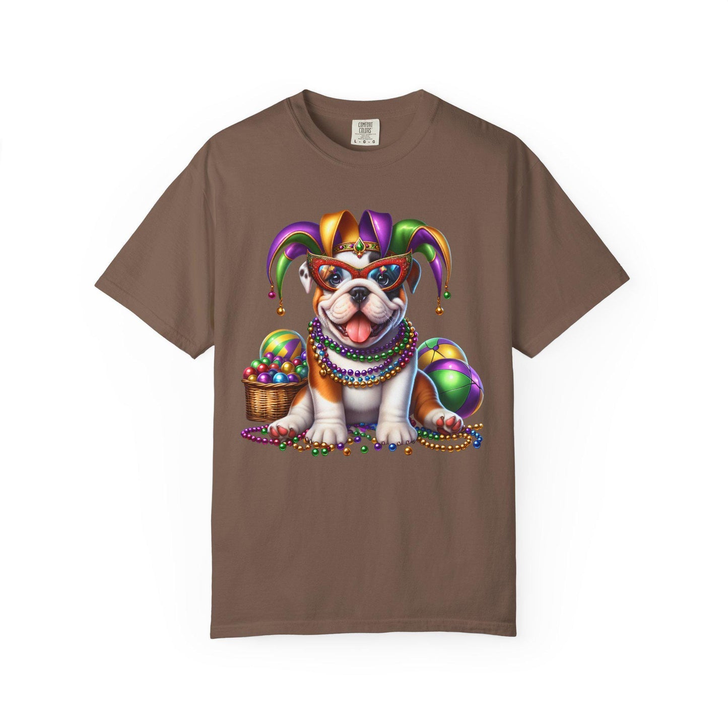 Mardi Gras Bulldog Puppy T-Shirt | Jester Hat Beads Carnival Tee; Dog Lover Tee