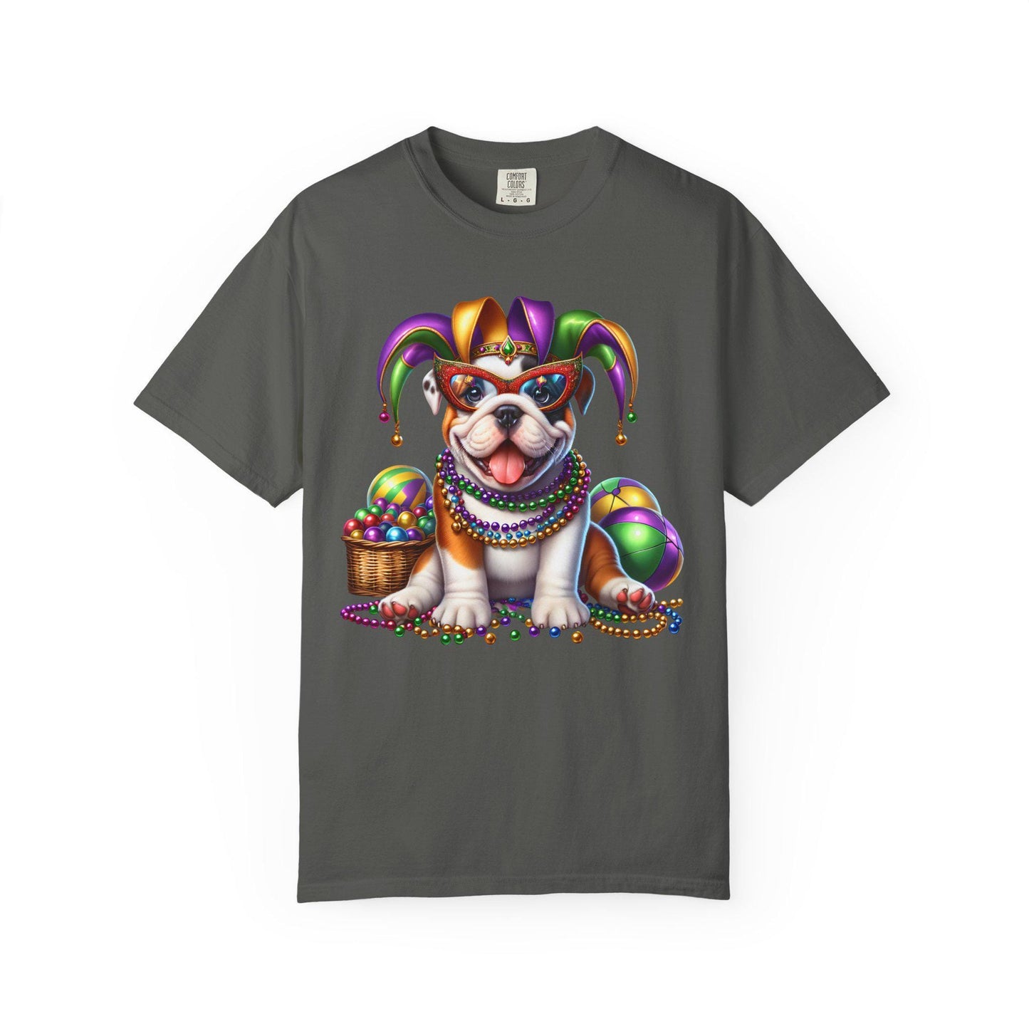 Mardi Gras Bulldog Puppy T-Shirt | Jester Hat Beads Carnival Tee; Dog Lover Tee
