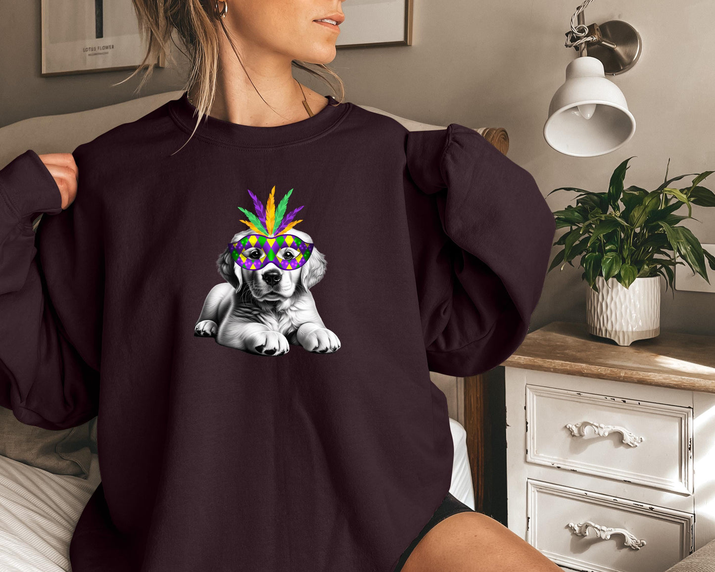 Mardi Gras Puppy Crewneck Sweatshirt | Cute Dog with Feather Mask