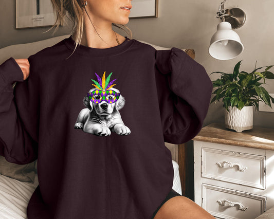 Mardi Gras Puppy Crewneck Sweatshirt | Cute Dog with Feather Mask