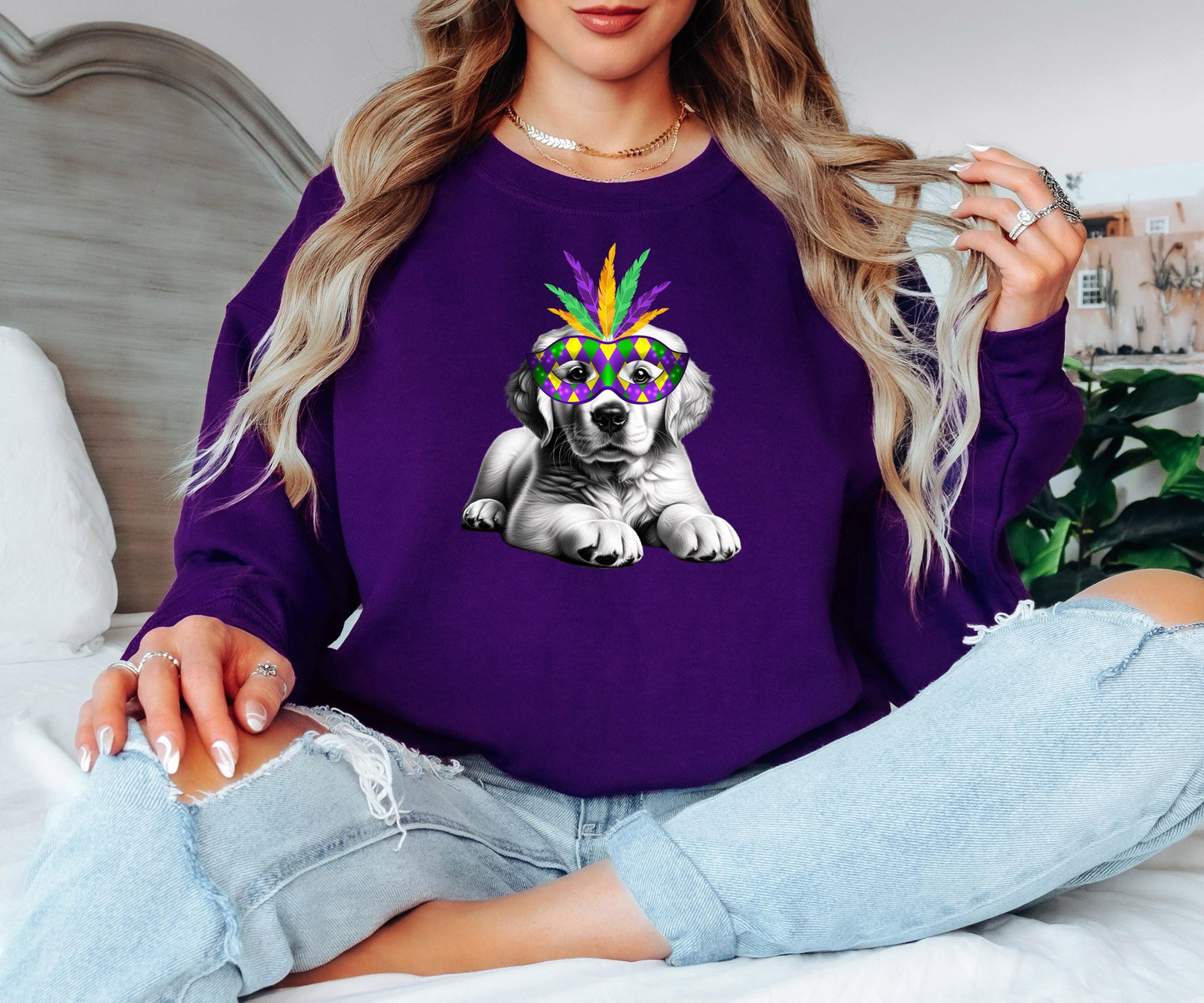 Mardi Gras Puppy Crewneck Sweatshirt | Cute Dog with Feather Mask