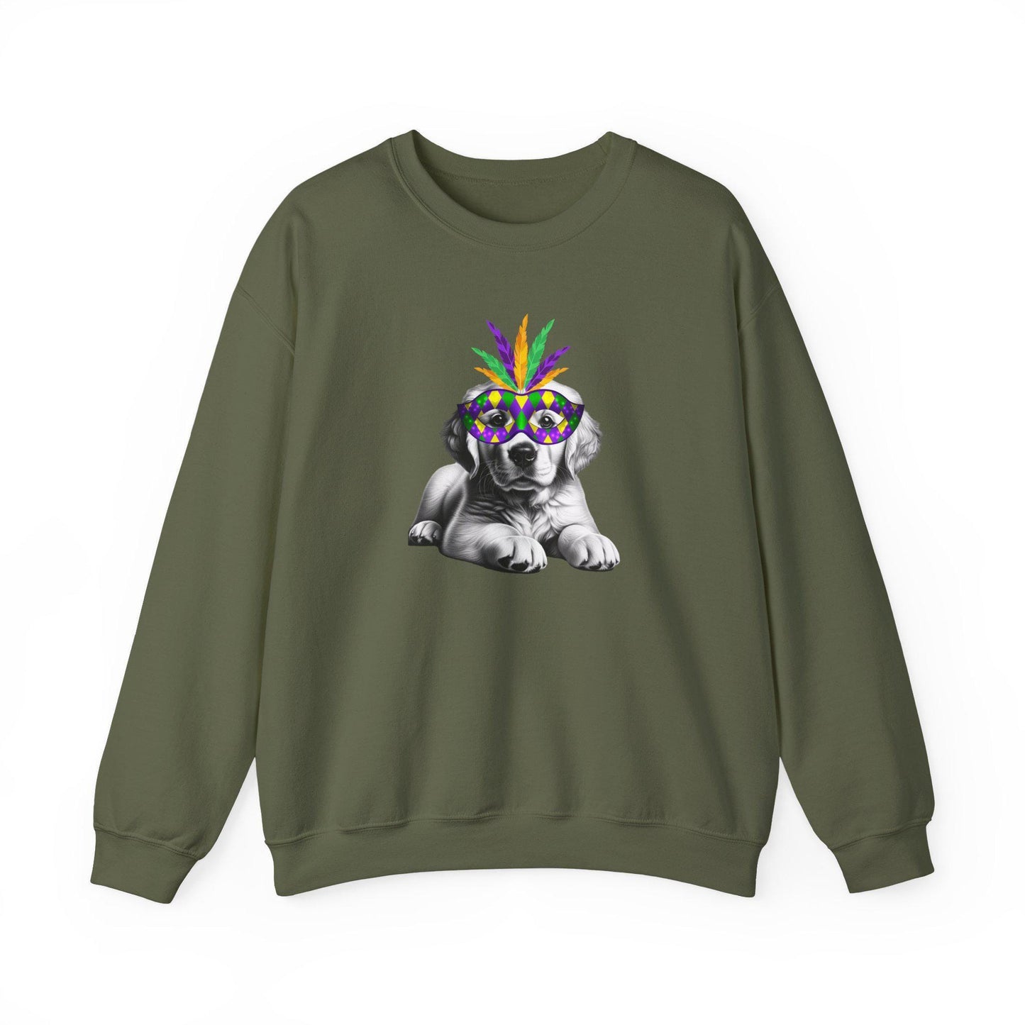 Mardi Gras Puppy Crewneck Sweatshirt | Cute Dog with Feather Mask