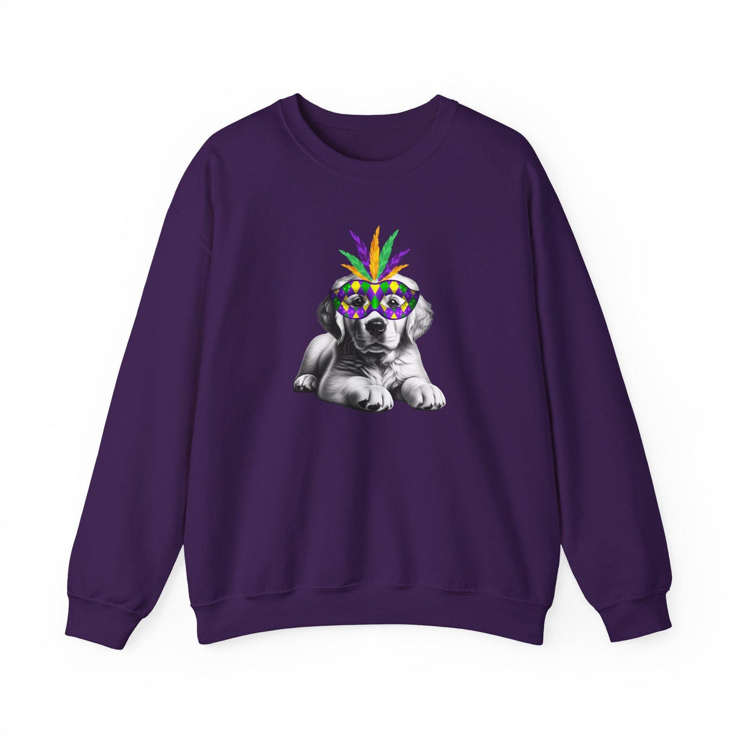 Mardi Gras Puppy Crewneck Sweatshirt | Cute Dog with Feather Mask