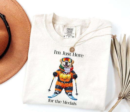 I'm Just Here for the Medals Skiing Yellow Labrador T-Shirt, Ski Dog Humor, Comfort Colors 1717; Witty Ski Shirt