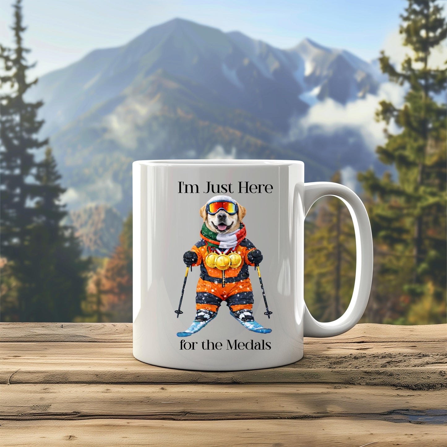 I'm Just Here for the Medals Skiing Yellow Labrador Mug; Apres ski gift