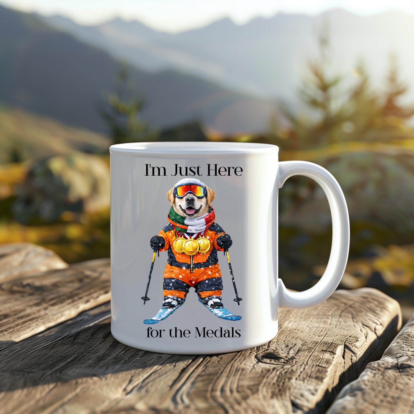 I'm Just Here for the Medals Skiing Yellow Labrador Mug; Apres ski gift