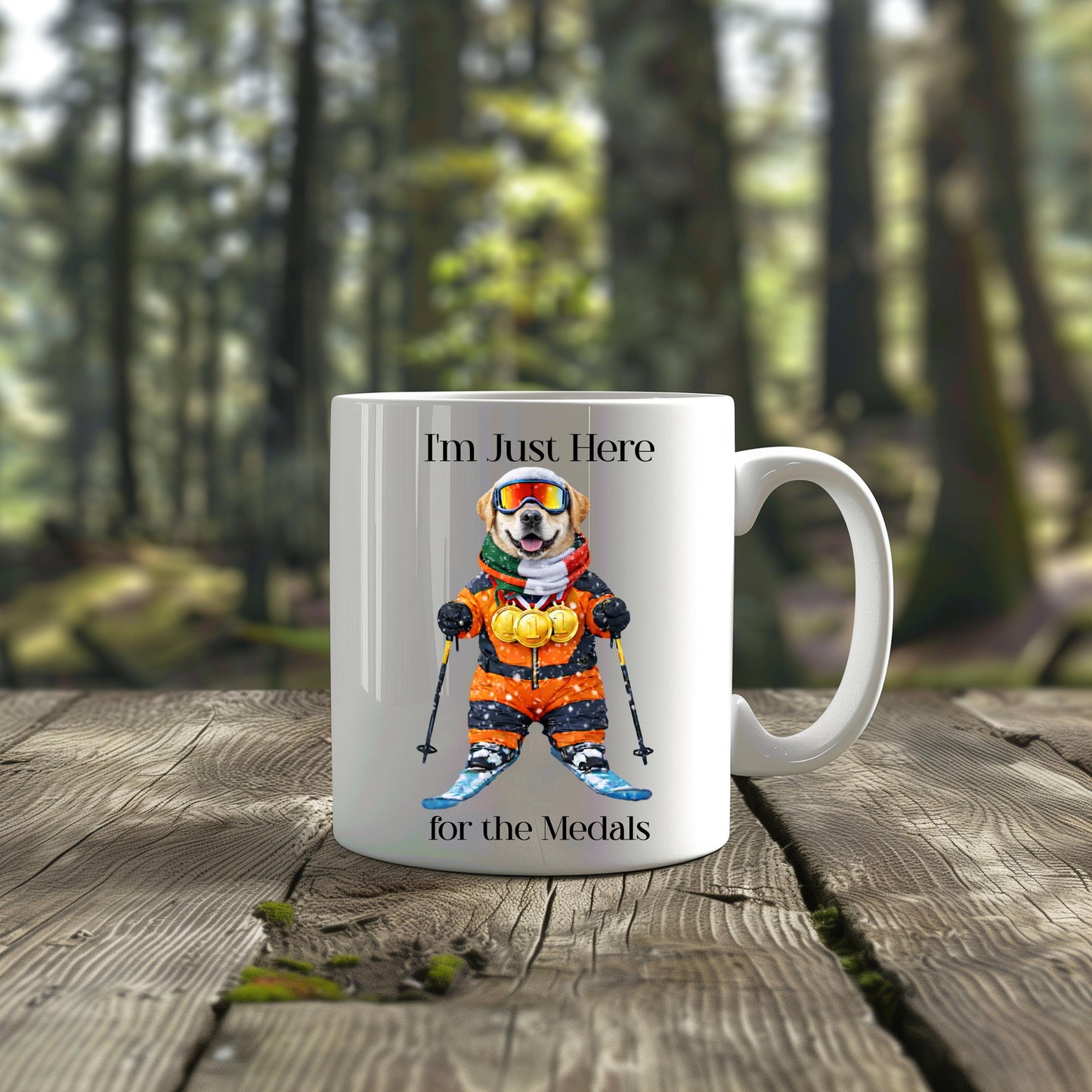 I'm Just Here for the Medals Skiing Yellow Labrador Mug; Apres ski gift