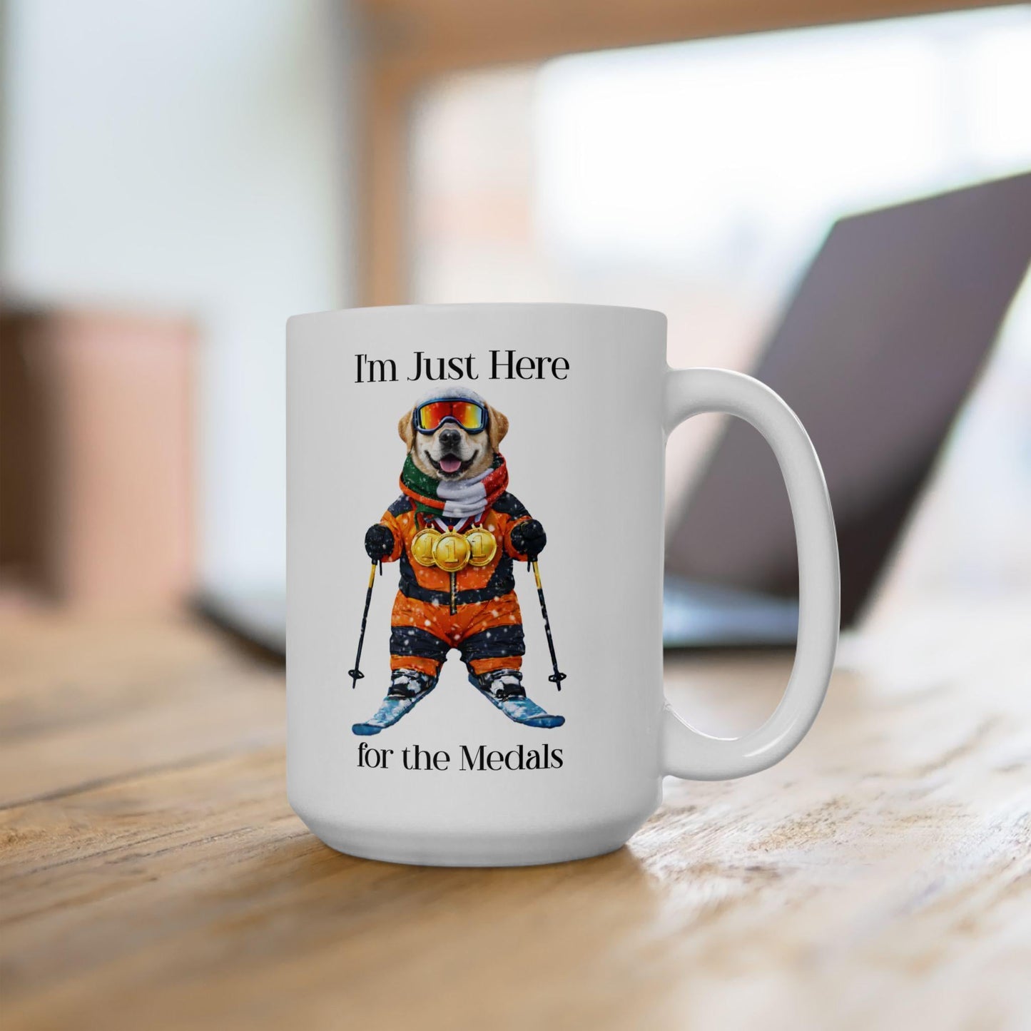 I'm Just Here for the Medals Skiing Yellow Labrador Mug; Apres ski gift