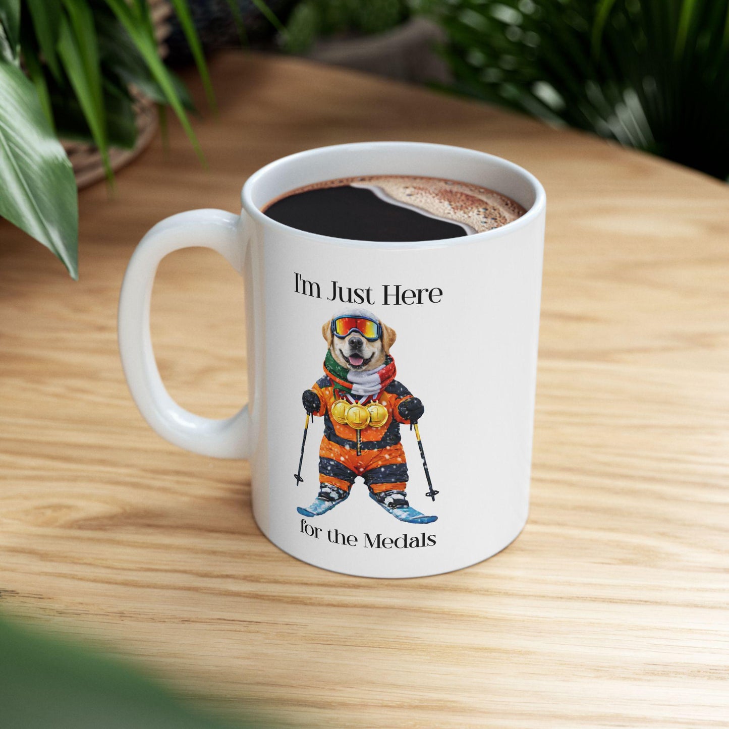I'm Just Here for the Medals Skiing Yellow Labrador Mug; Apres ski gift
